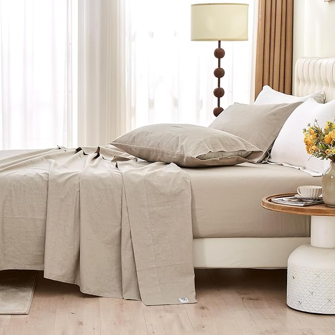 BISELINA Linen Sheet French Flax Flat Sheet Only 55% Euro Linen 45% Cotton Basic Style Solid Color Soft Breathable Farmhouse Top Sheet 1-Piece (King, Khaki)