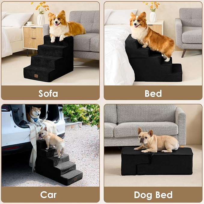 EHEYCIGA Dog Stairs for Bed 18" H, 4-Step Dog Steps for High Bed, Pet Steps for Small Dogs and Cats, Non-Slip Balanced Pet Ramp Indoor, Black