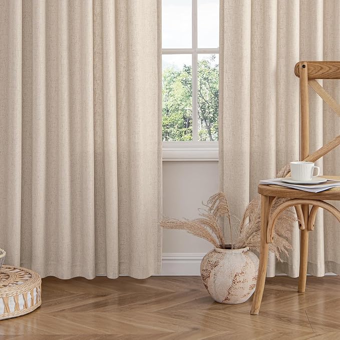 MIULEE Non-See-Through Privacy Linen Curtains 2 Panels, Light Filtering Window Curtains Farnhouse Textured Back Tab Semi Sheer Drapes for Bedroom Living Room, 52 x 90 Inches Long, Beige