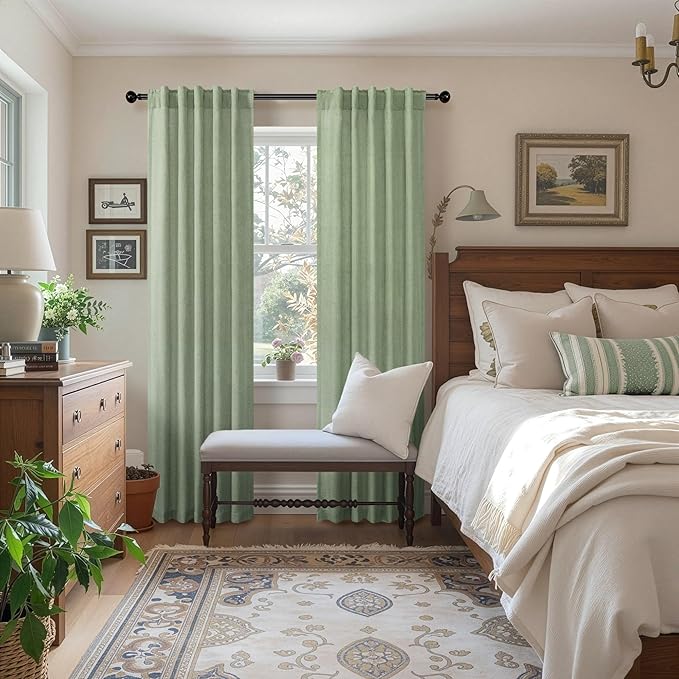 Sage Green Curtains 38 Inch Wide for Bedroom 2 Panels Back Tab Rod Pocket Semi Sheer Privacy Cotton Textured Light Filter Light Green Linen Curtains for Living Room Neutral Decor Width 38 x 96 Long