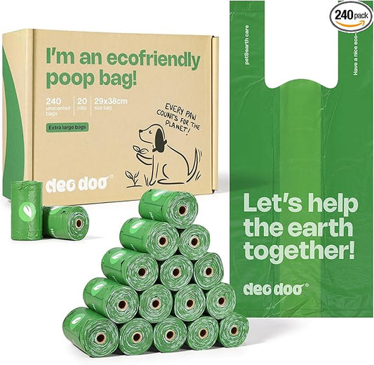 Deo Doo Dog Poop Bags with Handles, 240 Count Large Size, Extra Thick and Leak Proof Refill Rolls for Doggie Waste, Easy Tie and Cleanup, Unscented