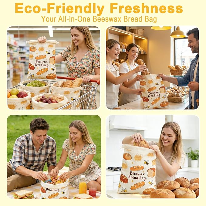 2 Pack Reusable Organic Beeswax Food Wraps, Honeycomb Organic Cotton Bread Storage Bags, Plastic Free Sourdough Bread Keeper, Freezer Safe 12.6x17 Inches, 2 Pack
