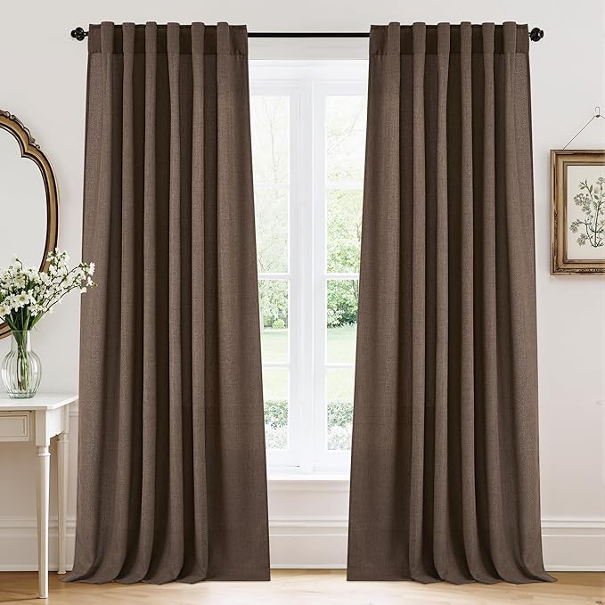 RYB HOME Natural Linen Sheer Curtains 96 inches Long for Living Room and Dining Room, Back Tab/Rod Pocket, Light Filtering Sheer Curtains and Drapes, Brown, W 52 x L 96 inches, 2 Panels Set