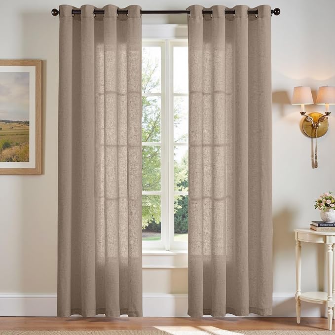 jinchan Linen Curtains for Living Room, Light Filtering Window Drapes 84 Inch Length 2 Panels Set, Farmhouse Semi Sheer Bedroom Curtains with Grommet Top Two Pages Drapes Taupe W50 x L84