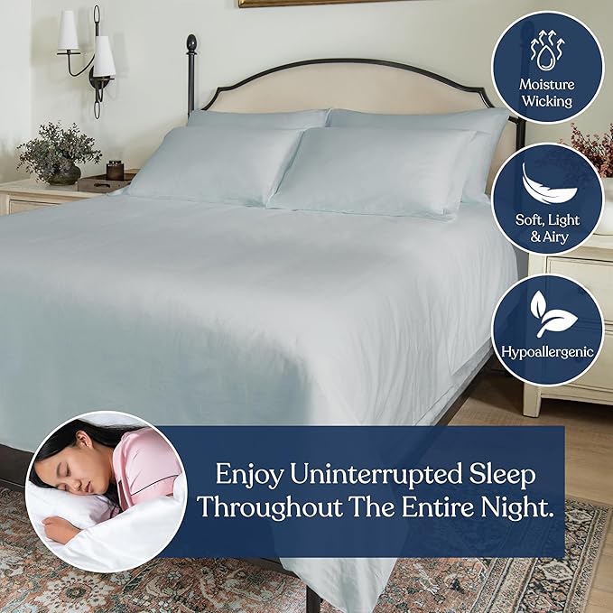 GOTS Certified 100% Organic Cotton Percale Duvet Cover Set 400TC, Smooth & Breathable, Duvet for Hot Sleepers with 8 Internal Ties, (Light Blue, King - 3 Piece with 2 King Sham)