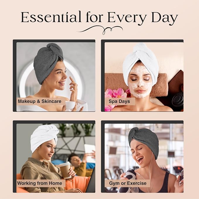 Lili&James 100% Cotton Hair Towel Wrap for Women & Kids – 420 GSM Quick Dry Hair Turban with Double Button Loop, Anti Frizz Non Microfiber Hair Drying Towel for Curly, Long & Thick Hair (White+Grey)