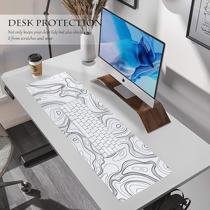 ALOANES Waterproof Mouse Pad with Durable Stitched Edge, XL Gaming Keyboard Pad, Non-Slip Rubber Base, Extended Desk pad for Gamer, Office & Home, White Topographic Map Mousepad 31.5"x 11.8"x 0.12"