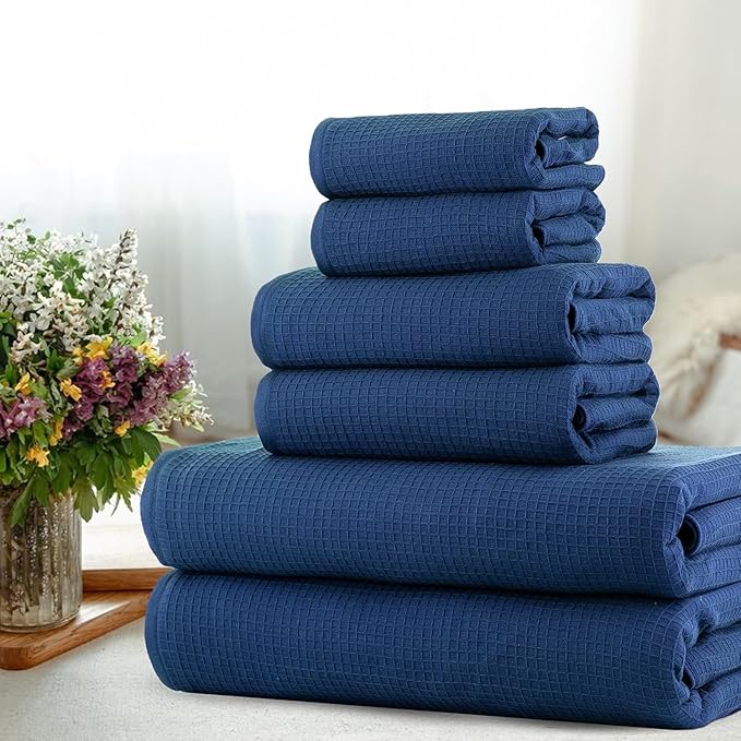 CASA COPENHAGEN Waffle 6Pcs 100% Egyptian Cotton Large Designer Towels Gift Set- Deep Blue, 2Bath 2Hand 2Washcloths, Bath Towels for Bathroom (Box Pack, Gift Set for Women & Men)