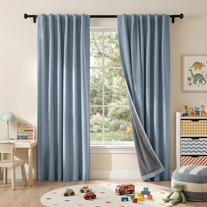 RYB HOME Smoky Blue 100% Blackout Linen Curtains 78 inch Long, Insulated & Privacy Assurd Home Decor Drapes for Bedroom/Office/Nursery, Rod Pocket & Back Tab Window Treatment, W52 X L78, 2 Panels