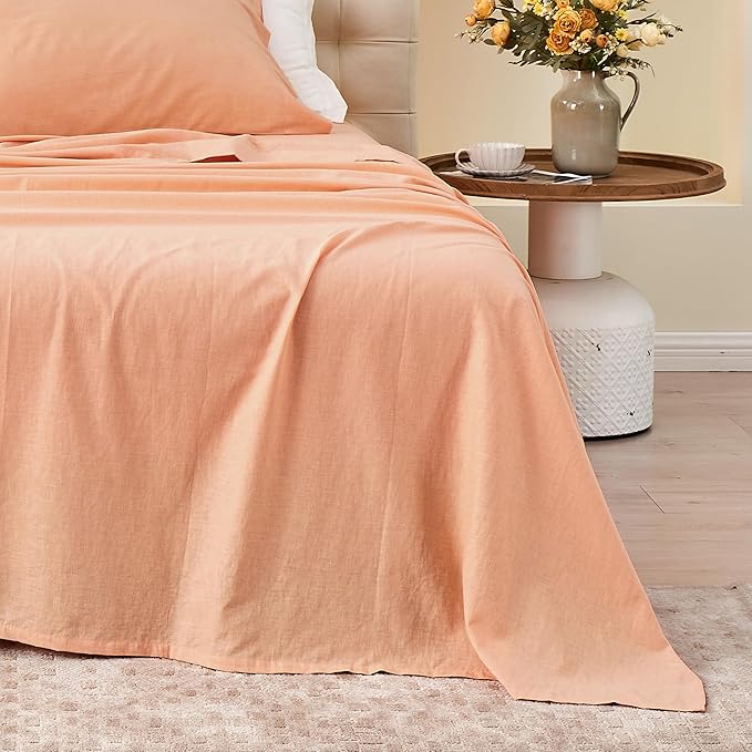BISELINA Linen Sheet French Flax Flat Sheet Only 55% Euro Linen 45% Cotton Basic Style Solid Color Soft Breathable Farmhouse Top Sheet 1-Piece (Full, Peach)