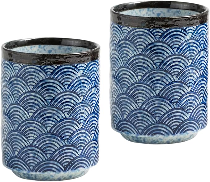 Japanese Ceramic Cup 10 oz No Handle Coffee Mug Teacups Set of 2 for All Kinds of Coffee and Drinks (Blue)
