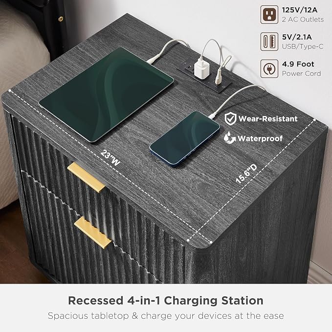T4TREAM 23'' Fluted Nightstand with Charging Station, Large 2 Drawer Side Table, Modern End Table with Storage, Mid Century Bedside Table for Bedroom, Living Room, Curved Profile, Dark Alder