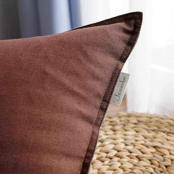Jeanerlor 18"x18" Solid Cotton Linen Decoration Throw Pillow Case with Zipper Euro Sham Cushion Case Cool Pillow Cover Delicate Decorative Pillowcase for Chair/Bed/Couch,2 Packs, Reddish Brown