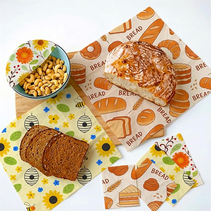 Reusable Beeswax Wraps, 9 Pack, For Sandwich, Bread, Fruit, Bowl, Eco-Friendly, Organic Cotton, Sustainable, Zero Waste, Plastic-Free, 1XL, 3M, 5S, Assorted Bread Floral Bee Patterns