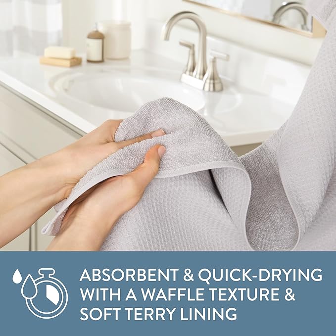 Town & Country Basics 4-Piece Waffle Woven Terry Stripe Bath Towel Set, 30x56-Inch, 100% Cotton, Quick Dry, Gray