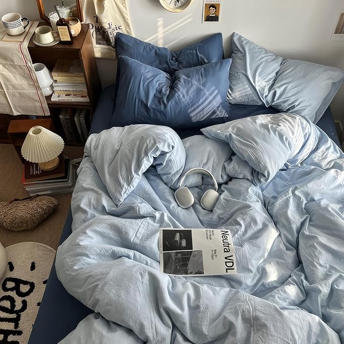 mixinni 100% Washed Cotton Duvet Cover Set Full Size, Solid Light Blue Ocean Themed Chic Bedding, Soft Breathable Minimalist Comforter Cover with Zipper Closure & Corner Ties-Full Size