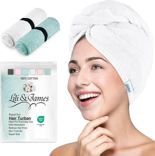 Lili&James 100% Cotton Hair Towel Wrap for Women & Kids – 420 GSM Quick Dry Hair Turban with Double Button Loop, Anti Frizz Non Microfiber Hair Drying Towel for Curly, Long & Thick Hair (White+Aqua)
