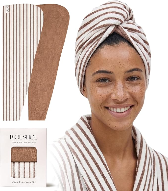 ROLSHOL Cotton Hair Towel Wrap for Women, 2 Pack 100% Cotton Hair Drying Towels for Long, Thick & Curly Hair, 32" x 11" Large Hair Turban for Wet Hair with Elastic Band (Brown)