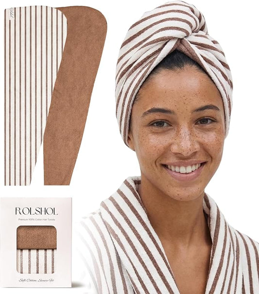 ROLSHOL Cotton Hair Towel Wrap for Women, 2 Pack 100% Cotton Hair Drying Towels for Long, Thick & Curly Hair, 32" x 11" Large Hair Turban for Wet Hair with Elastic Band (Brown)