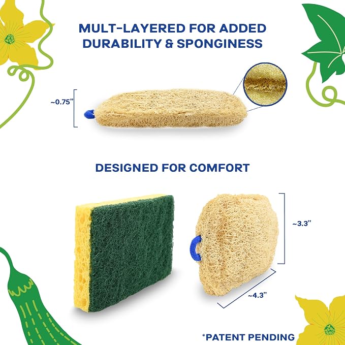 All-Natural Loofah Dish Sponge (3 Pack) - Rounded Rectangular Zero Waste Loofah Sponges