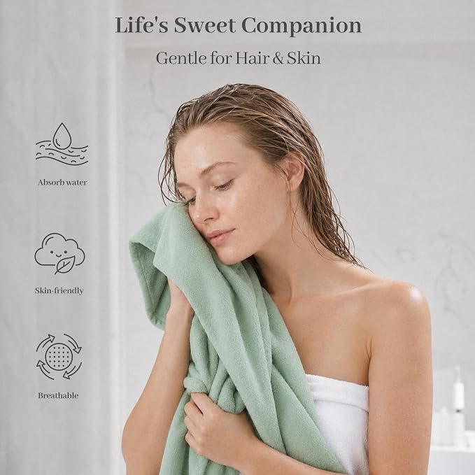 ROLSHOL Cotton Hair Towel Wrap for Women, 2 Pack 100% Cotton Hair Drying Towels for Long, Thick & Curly Hair, 32" x 11" Large Hair Turban for Wet Hair with Elastic Band (Light Green)