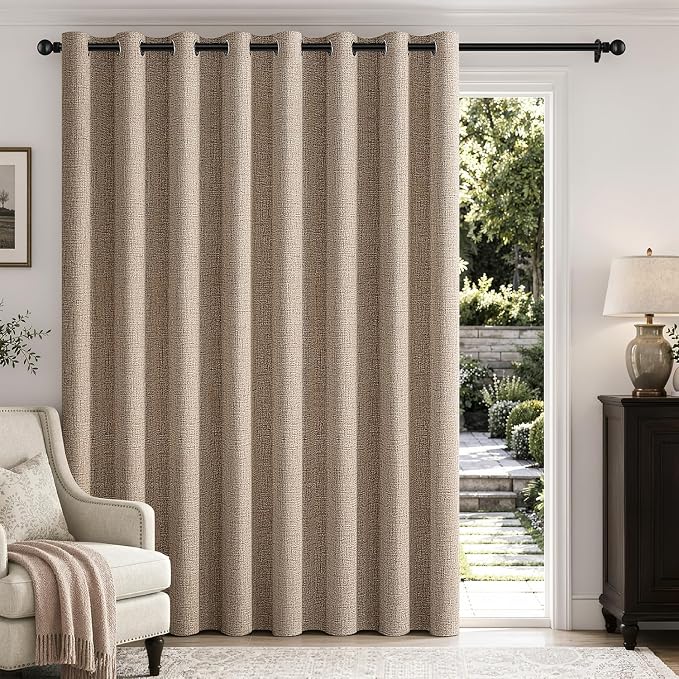 MIULEE Extra Wide 100% Blackout Curtains for Sliding Glass Doors Linen Textured W100 x L90 inch Panel Copper Brown Thermal Insulated Grommet Room Darkening Drapes for Patio, 1 Panel Set
