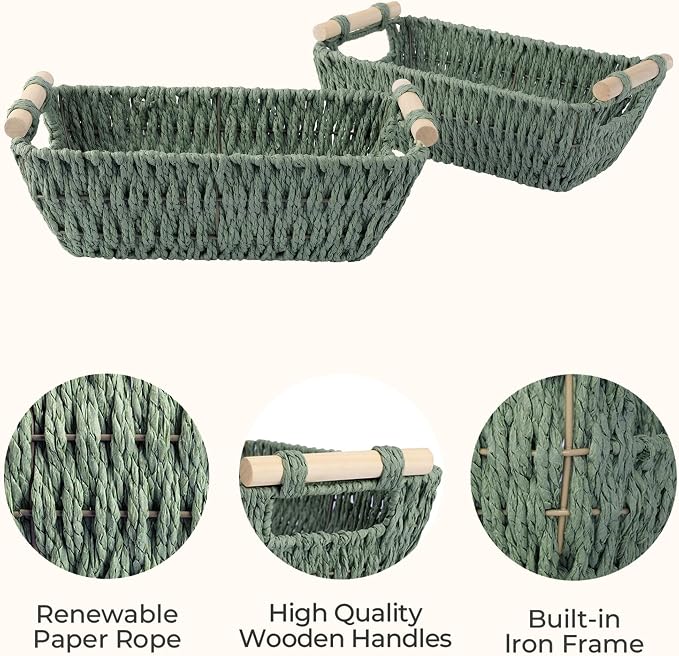 StorageWorks Round Paper Rope Woven Basket with Wooden Handles for Gifts, Small Woven Baskets for Shelf, Bosana Green, 2-Pack