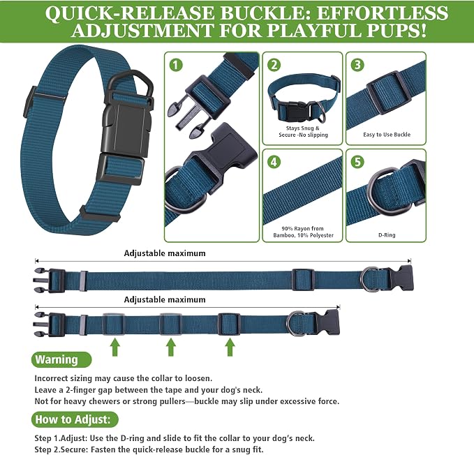 Blue Dog Collar for Large Dog, Breathable, Anti-Odor & Soft, Comfortable for Sensitive Skin Puppies, 90% Bamboo Rayon, Adjustable Quick-Release Buckle Pet Collar for Large Breeds