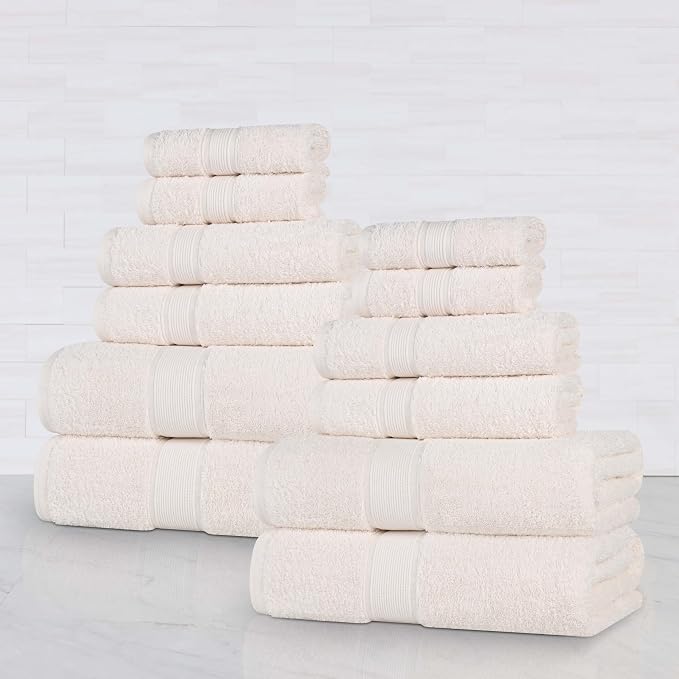 Superior Oregon Organic Cotton 12 Piece Towel Set, Heavyweight Towels for Bathroom Daily Use, Absorbent, Plush Eco-Friendly Bath Essentials, Includes 4 Bath, 4 Hand, 4 Face Towels, Ivory