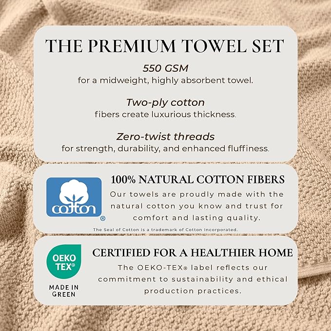 Great Bay Home 100% Cotton 6 Pack 26x16 Hand Towel Set - Absorbent, Quick-Drying, Durable Towels for Bathroom Decor - Low-Twist, Two-Ply Fibers (Taupe)