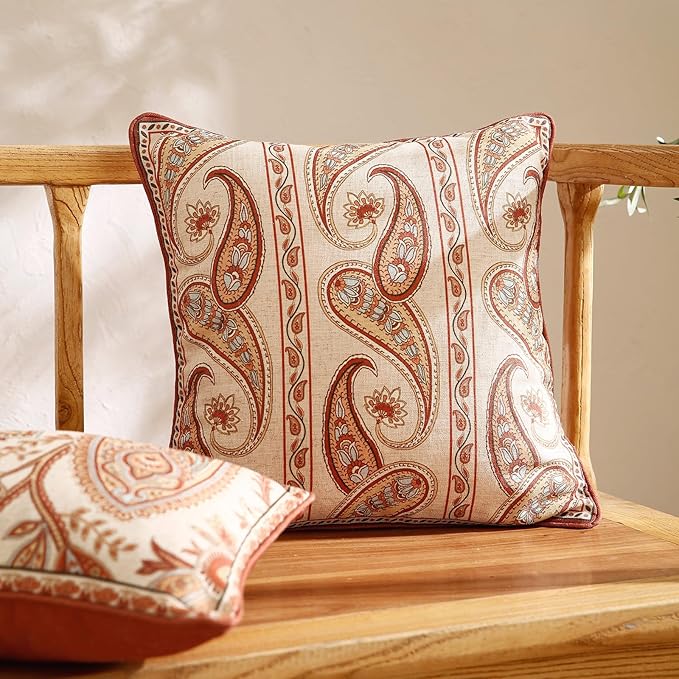 ISAENNE Design Linen Classic Vintage Throw Pillow Covers 18"x18" Pack of 2, Square Cushion Covers with Orange Yellow Paisley Style Pattern Decoration Pillowcases for Bed,Living Room,Outdoor,Car