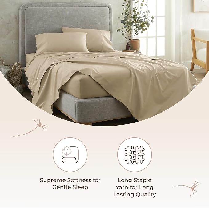 Organic Full Fitted Sheet Only Deep Pocket - 100% Organic Cotton Sheets with Breathable 300 Thread Count Sateen Weave GOTS & Fairtrade Certified - Soft Fitted Bed Sheets Only (Dune, Full)
