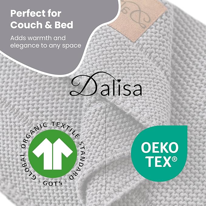 Dalisa 100% Organic Turkish Cotton Throw Blanket - GOTS Certified, Cozy - Perfect for Couch, Bed, and Home Decor - Boho Vintage Knit Alina (Dark Grey, 60x80)