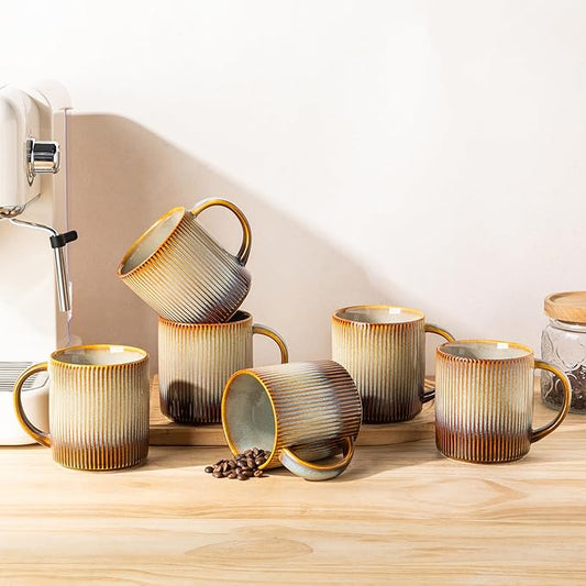 theterra Ceramic Coffee Mugs Set of 6, 14.2oz Handmade Coffee Cups with Handle for Latte, Tea, Milk, Beer, Hot Cocoa, Dusk Blue