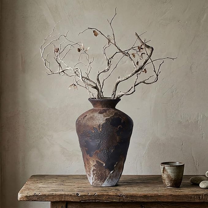 Wabi Sabi Decor Rusty Vintage Vase - 8.7" Tall Rustic Farmhouse Wabi Sabi Vase for Centerpiece, Pottery Stone Flower Vases for Home Decor, Table, Living Room, Bedroom, Bathroom, Kitchen (Smoky Earth)