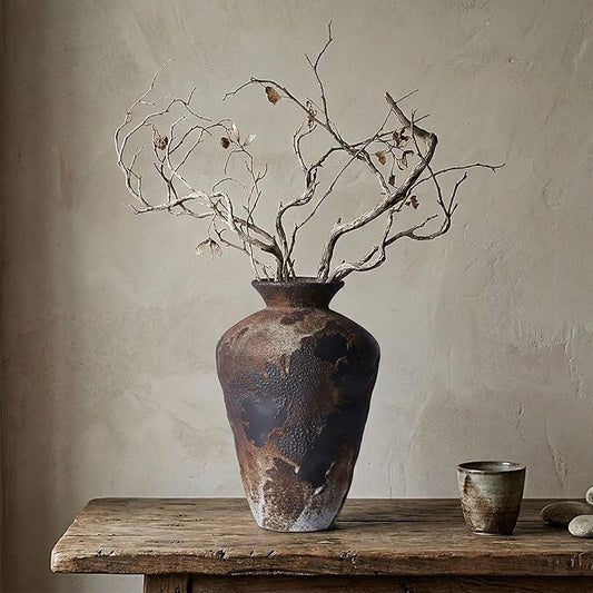 Wabi Sabi Decor Rusty Vintage Vase - 8.7" Tall Rustic Farmhouse Wabi Sabi Vase for Centerpiece, Pottery Stone Flower Vases for Home Decor, Table, Living Room, Bedroom, Bathroom, Kitchen (Smoky Earth)