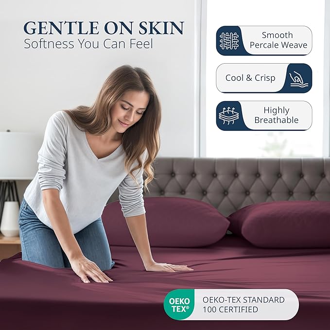 LANE LINEN Queen Fitted Sheet & Pillowcases Set (No Flat Sheet) - 100% Organic Cotton Soft & Breathable Percale Weave Fitted Sheet Set - GOTS Certified - 15'' Deep Pocket - Windsor Wine