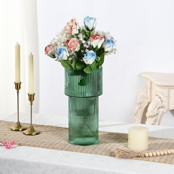 Large Glass Vase, 12 Inches Tall Vase for Flowers, Green Flower Vases for Bouquet, Modern Green Glass Vases for Living Room, Dining Table, Office, Entryway, Mantle, Shelf, Wedding Gifts