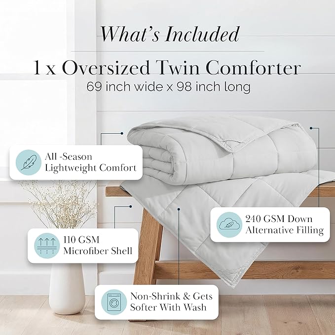 Southshore Fine Living, Inc. Hotel Quality Twin XL Comforter, Down Alternative Grey Comforter Twin Size, Fluffy Bedding Comforters for Dorm Room, Pet Hair Resistant Bedding, Light Grey Comforters
