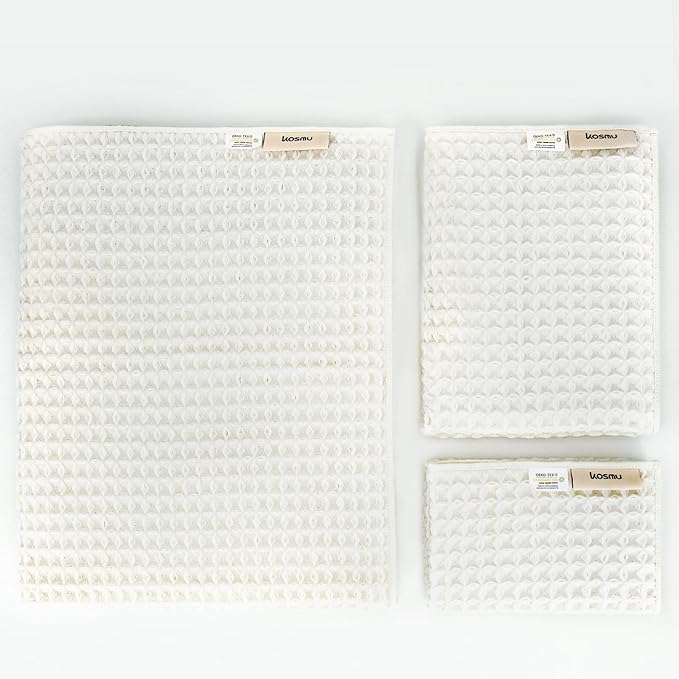 Luxury Organic Japanese Cotton Waffle Bath Towel | Thick, Absorbent, Quick Dry Bathroom Towels for Shower, Sauna, Onsen| Hotel & Spa Quality, Gift-Ready (Shell White, Bath Sheet Set (3-Piece))