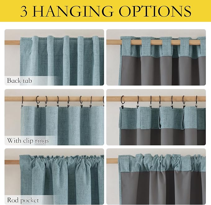 NICETOWN Skylark Blue 100% Blackout Short Curtains 63" Long for Kitchen, Burlap Linen Blend Drapes with Thermal Insulated Grey Liner, Keeping Out Cold Air and Heat Panels (Set of 2, 52" Width)