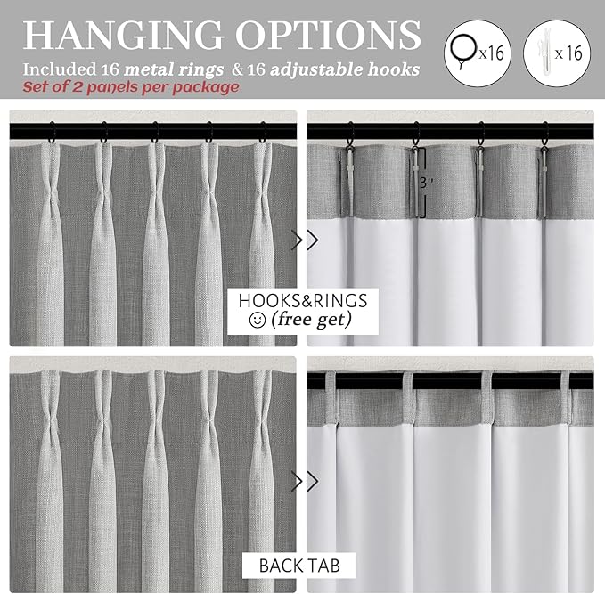 Light Grey Linen Dual Layer Curtains 102 Inches Long Panels 2 Set for Office, Blackout Memory Shape Pinch Pleated Thermal Noise Reducing Neutral Windows Curtain & Drapes with Hooks 8-1/2 FT Length