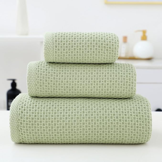 SK Studio 6 Piece Bath Towels Set, Cotton Hotel Large Waffle Bath Towels Absorbent Quick Dry with 2 Bath Towels, 2 Hand Towels, 2 Washcloths for Bathroom Spa, Green