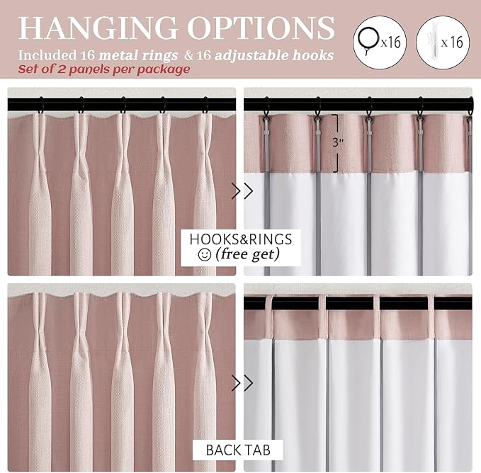 Elegant Blush Pink High Blackout High Ceiling Curtains 102 Inches Long for Sliding Glass Doors, Memory Trained Pinch Pleat Dual Layer Thick Linen Thermal Sound Dampening Modern Window Drapes 2 Panels