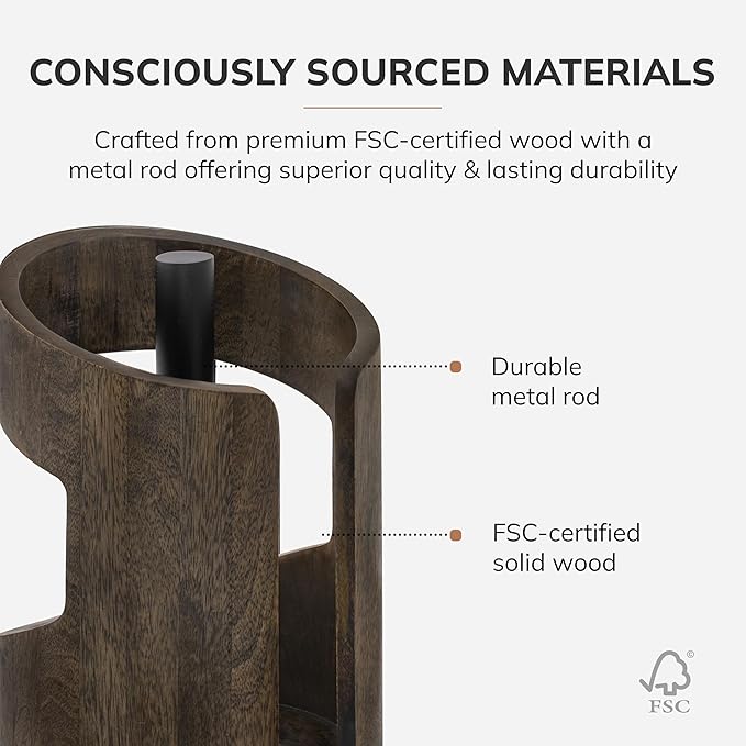 Anji Mountain Wooden Paper Towel Holder Countertop with Mango Wood Round Base and Iron Holder, Holder Stand for Kitchen Roll Organizer & Kitchen Dining Table Home Decor - Chocolate/Black, Arc Hold