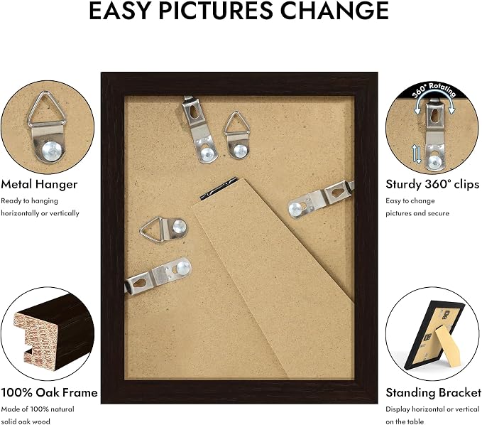 Hongkee 4x5 Oak Wood Picture Frame (1 Pack, Black) with Real Glass Cover | Solid Wood 4 x 5 Small Frame for Wall or Tabletop Display - Includes Easel Back, Vertical Hang - Ideal for Home, Office