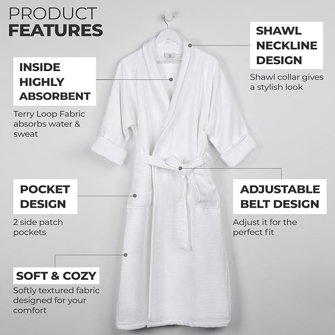Superior Waffle Weave Cotton Unisex Bathrobe with Belt, Soft and Absorbent Robe for Men and Women Bath Essentials Robes