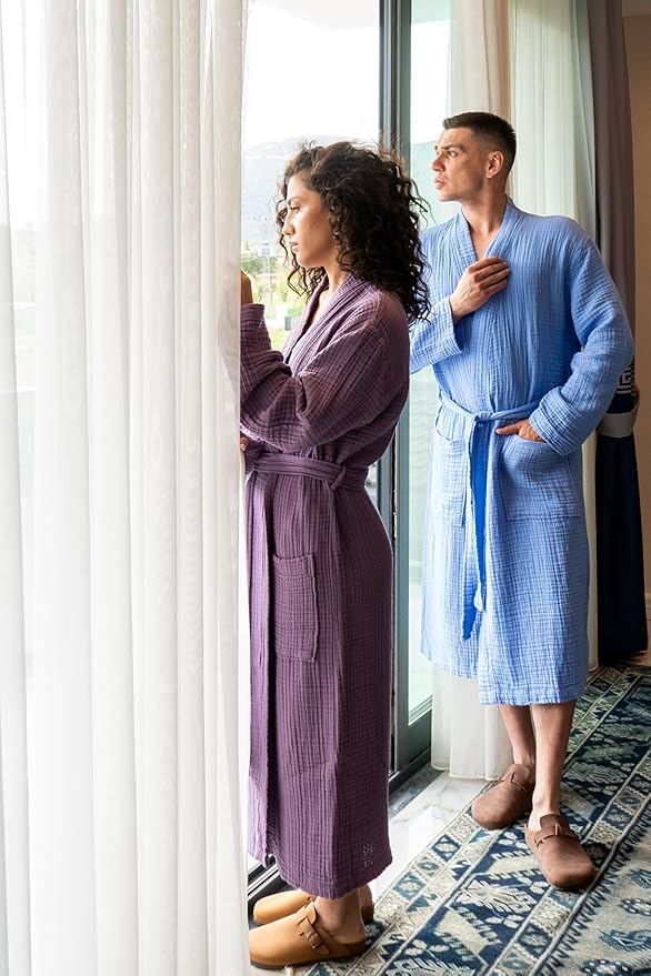 Muslin Unisex Bathrobe Women & Men, 100% Cotton Kimono Lightweight Robe | Long Robes Soft, Absorbent, Spa robes