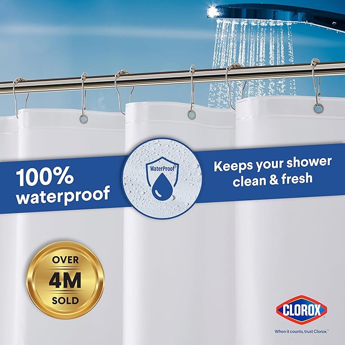 Clorox Shower Curtain Liner, Premium Lightweight Flexible Waterproof 3g PEVA for Bathroom with Weighted Magnets, Standard Size 70" x 72", White 1 Pack