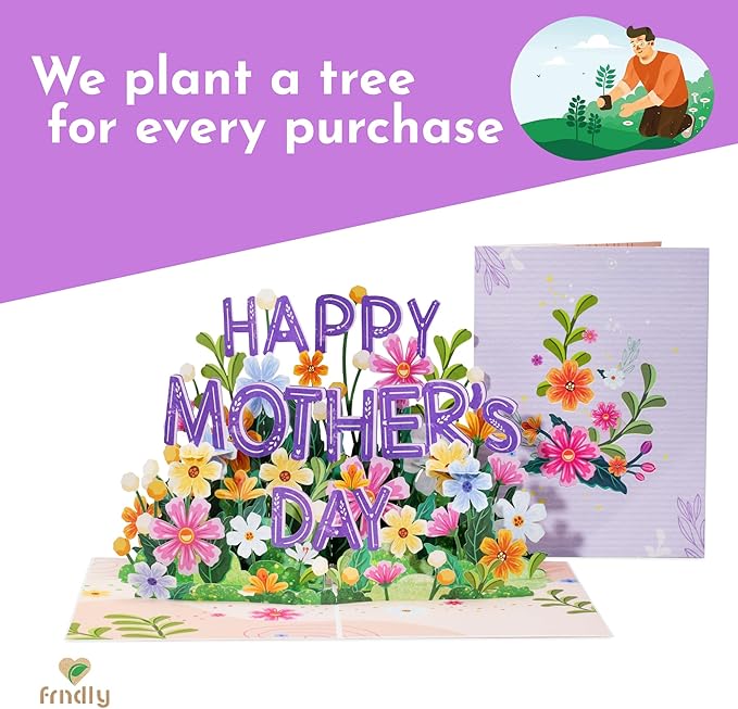 Paper Love Frndly 3D Pop Up Happy Mothers Day Card, Handcrafted - 100% Recycled and Eco-Friendly, 8" x 6" Cover - with Note Tag